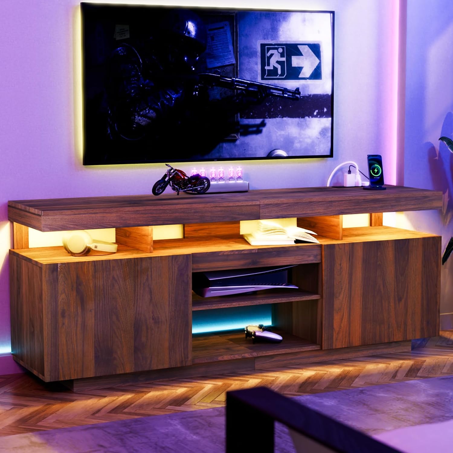 LED TV Stand with Power Outlet - Gaming Console Cabinet ulasan dan harga